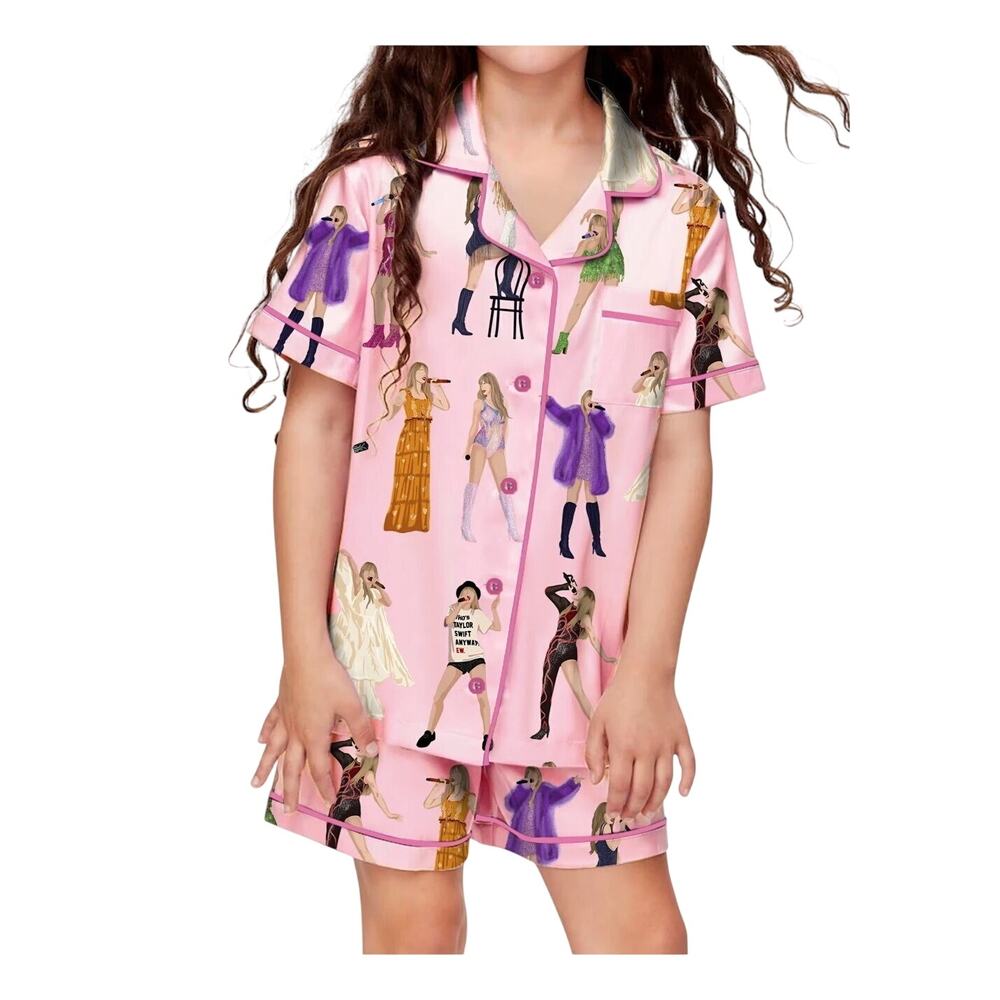 Taylor Swift Eras Tour Pink Girls Satin Pajama Set Kids Top & Shorts XL SHESHOW